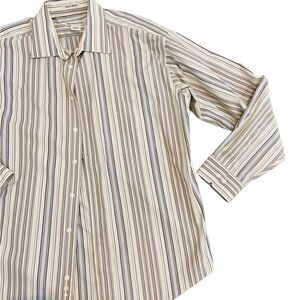 Men’s Pronto Uomo striped non iron 100% cotton shirt chest pocket blue/tan xl